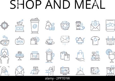 Shop and meal line icons collection. hop, Store, Boutique, Market, Emporium, Outlet, Establishment vector and linear illustration. Bazaar,Mart Stock Vector