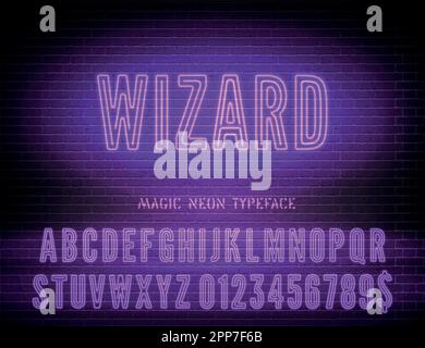Wizard sign with purple neon narrow bold alphabet on dark brick wall background. Vector illustration Stock Vector