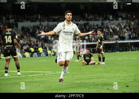 Madrid, Spain. 22nd Apr, 2023. Real Madrid´s Marco Asensio celebrates during La Liga Match Day 30 between Real Madrid and Celta at Santiago Bernabeu Stadium in Madrid, Spain, on April 22, 2023. Credit: Edward F. Peters/Alamy Live News Stock Photo