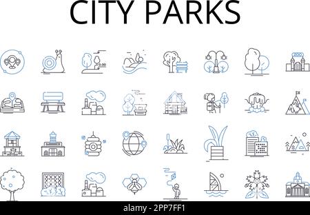 City parks line icons collection. Urban gardens, Metropolitan squares, Suburban trails, Country meadows, Coastal cliffs, Riverside walks, Mountain Stock Vector