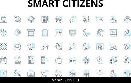 Smart citizens linear icons set. Connected, Digital, Innovative, Aware, Proactive, Collaborative, Engaged vector symbols and line concept signs Stock Vector