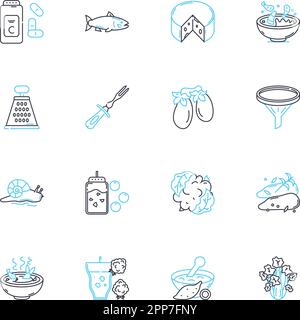 Lunch linear icons set. Sandwich, Soup, Salad, Wrap, Sushi, Burrito, Pizza line vector and concept signs. Tacos,Pasta,Rice outline illustrations Stock Vector