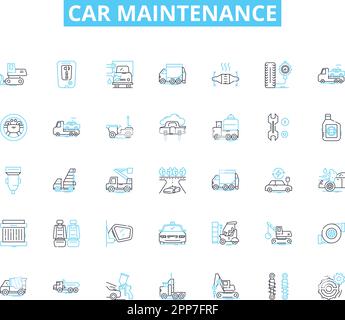 Car maintenance linear icons set. Oil change, Brake pads, Alignment, Battery, Radiator, Transmission, Spark plugs line vector and concept signs. Tire Stock Vector
