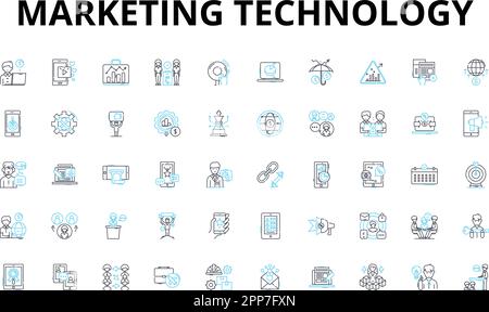 Marketing technology linear icons set. Analytics, Automation, Chatbot, Content, Conversion, CRM, Data vector symbols and line concept signs. Digital Stock Vector