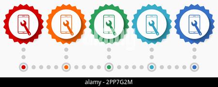 Mobile phone, smartphone service vector icon set, colorful infographic template, set of flat design badge icons in 5 color options Stock Vector