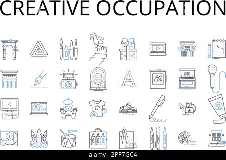 Creative occupation line icons collection. Artistic career, Innovative profession, Imaginative work, Original job, Resourceful employment, Inspired Stock Vector