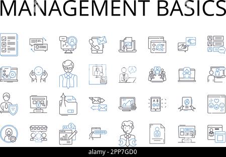 Management basics line icons collection. Financial literacy, Marketing strategies, Advertising techniques, Corporate policies, Budgeting skills, Time Stock Vector