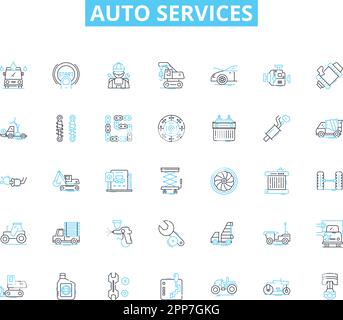 Auto services linear icons set. Maintenance, Repair, Inspection, Detailing, Oil change, Brakes, Tires line vector and concept signs. Alignment Stock Vector