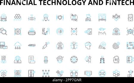 Financial Technology and FinTech linear icons set. Blockchain, Cryptocurrency, AI, Regtech, Peer-to-peer, Crowdfunding, Mobile payments vector symbols Stock Vector