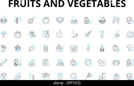 Fruits and vegetables linear icons set. Apples, Oranges, Bananas, Kiwis, Grapes, Pears, Pineapple vector symbols and line concept signs. Watermelon Stock Vector