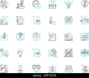 Current schooling linear icons set. Curriculum, Learning, Assessment, Instruction, Teaching, Technology, Resources line vector and concept signs Stock Vector