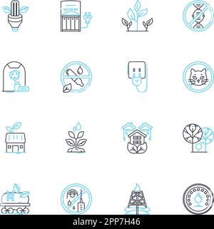 Clean power linear icons set. Solar, Wind, Hydro, Geothermal, Bioenergy, Biomass, Wave line vector and concept signs. Tidal,Nuclear (fusion),Renewable Stock Vector
