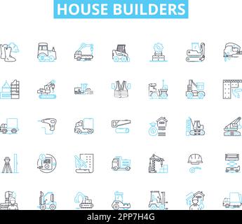 House builders linear icons set. Construction, Architecture, Renovation, Planning, Design, Materials, Blueprint line vector and concept signs Stock Vector