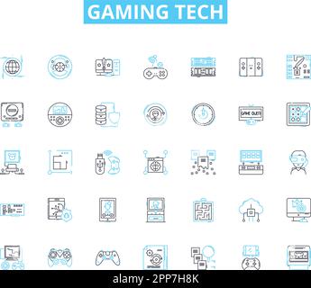 Gaming tech linear icons set. Controller, Console, Graphics, Virtual, Multiplayer, Streaming, Gaming line vector and concept signs. eSports,Joystick Stock Vector