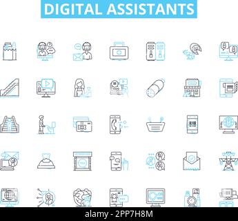 Digital assistants linear icons set. Alexa, Siri, Google, Cortana, Assistant, AI, Automation line vector and concept signs. Voice,Chatbot,Interaction Stock Vector