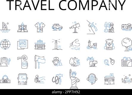 Travel company line icons collection. Adventure agency, Tour operator, Vacation planner, Journey experts, Excursion bureau, Trekking company, Roaming Stock Vector