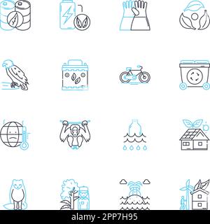 Eco-friendly items linear icons set. Sustainable, Renewable, Biodegradable, Organic, Recyclable, Compostable, Eco-friendly line vector and concept Stock Vector