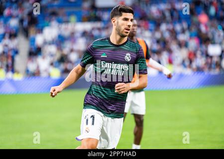 Madrid, Spain. 22nd Apr, 2023. Marco Asensio (Real Madrid) during the warm up before the football match between&#xA;Real Madrid and Celta Vigo&#xA;valid for the match day 30 of the Spanish first division league “La Liga” celebrated in Madrid, Spain at Bernabeu stadium on Saturday 22 April 2023 Credit: Live Media Publishing Group/Alamy Live News Stock Photo