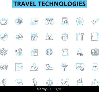 Travel technologies linear icons set. Geolocation, E-ticketing, Virtual reality, Mobile booking, Loyalty, Wi-Fi, Artificial intelligence line vector Stock Vector