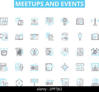 Meetups and events linear icons set. Nerking, Workshop, Conference, Gathering, Speaker, Exhibition, Seminar line vector and concept signs. Symposium Stock Vector