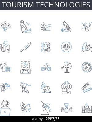 Tourism technologies line icons collection. Artificial intelligence, Social media, Virtual reality, Mobile applications, E-commerce, Online marketing Stock Vector