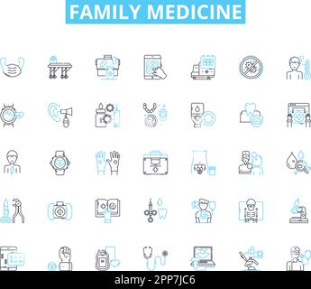 Family medicine linear icons set. Preventive, Comprehensive, Primary, Care, General, Consultation, Diagnostics line vector and concept signs Stock Vector