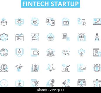 Fintech startup linear icons set. Disruption, Innovation, Blockchain, Cryptocurrency, Mobile, Digital, Financial line vector and concept signs Stock Vector