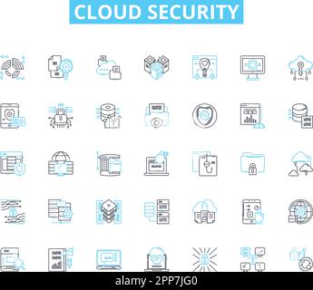 Cloud security linear icons set. Encryption, Compliance, Authentication, Cybersecurity, Firewall, Vulnerability, Audit line vector and concept signs Stock Vector