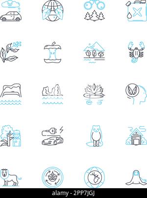 Climate change linear icons set. Warming, Pollution, Greenhouse, Drought, Flood, Melting, Sustainability line vector and concept signs. Carbon Stock Vector