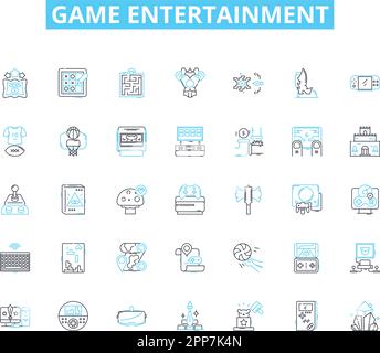 Game entertainment linear icons set. Strategy, Adventure, Fun, Challenge, Fantasy, Excitement, Action line vector and concept signs. Thrill Stock Vector