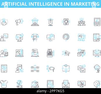 Artificial intelligence in marketing linear icons set. Automation, Optimization, Personalization, Segmentation, Targeting, Predictive, Analytics line Stock Vector