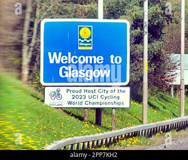 Glasgow, Scotland, UK 22nd April, 2023. The UCI Cycling World Championships inaugural edition  is coming to the city and signs of its arrival materialise with a welcoming sign on the entrance roads to the city. Credit Gerard Ferry/Alamy Live News Stock Photo