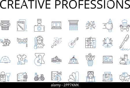 Creative professions line icons collection. Fashion industry, Media careers, Artistic jobs, Innovative fields, Inventive vocations, Visionary Stock Vector