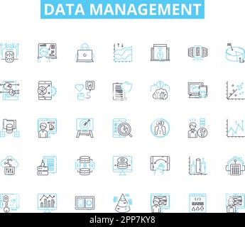 Data management linear icons set. Organization, Structuring, Integration, Analysis, Cleansing, Validation, Governance line vector and concept signs Stock Vector