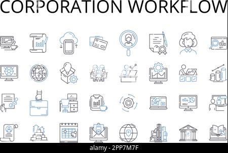 Corporation workflow line icons collection. Company process, Business operations, Enterprise mechanism, Organization procedure, Firm protocol Stock Vector