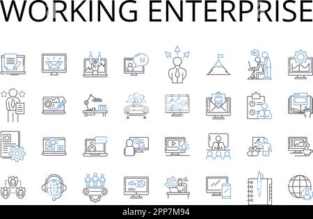 Working enterprise line icons collection. Active business, Live company, Functioning corporation, Operating venture, Running establishment Stock Vector