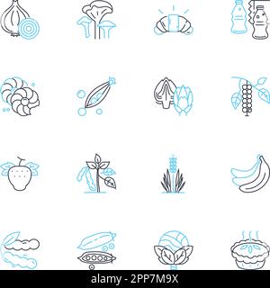 Aquaculture linear icons set. Harvest, Fish, Shrimp, Algae, Oysters, Mussels, Tilapia line vector and concept signs. Trout,Salmon,Aquaponics outline Stock Vector