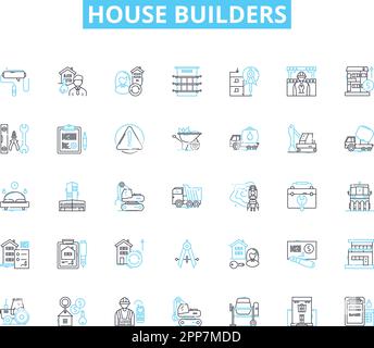 House builders linear icons set. Construction, Architecture, Renovation, Planning, Design, Materials, Blueprint line vector and concept signs Stock Vector
