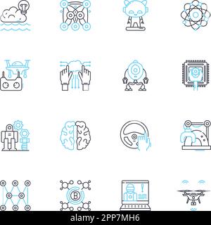 Artificial Intelligence linear icons set. Automation, Machine learning, Robotics, Neural nerks, Natural language processing, Expert systems, Deep Stock Vector