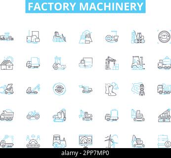 Factory machinery linear icons set. Automation, Assembly, Production, Efficiency, Robotics, Conveyors, Welding line vector and concept signs. Milling Stock Vector
