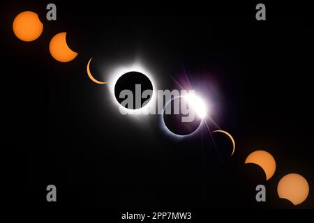USA, Wyoming. Digital composite image of phases of total solar eclipse, 21 August 2017. Stock Photo
