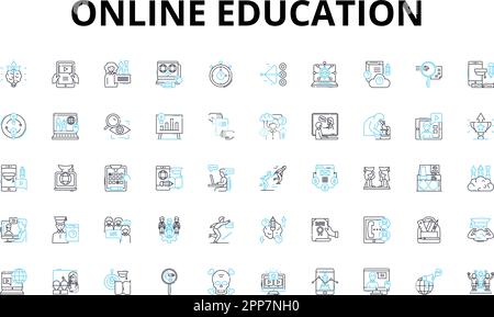 Online Education linear icons set. E-Learning, Virtual, Webinars, MOOC, Distance Learning, Digital, Interactive vector symbols and line concept signs Stock Vector