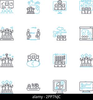 Project team linear icons set. Collaboration, Coordination, Communication, Leadership, Innovation, Creativity, Commitment line vector and concept Stock Vector