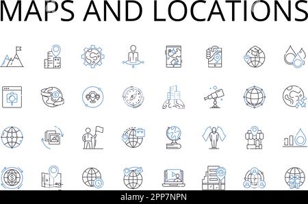 Maps and locations line icons collection. Cartography, Geolocation, Topography, Atlas, Navigation, Terrain, Geocaching vector and linear illustration Stock Vector