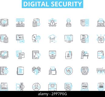 Digital security linear icons set. Encryption, Firewall, Malware, Password, Antivirus, Cybercrime, Hackers line vector and concept signs. Phishing Stock Vector
