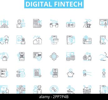 Digital fintech linear icons set. Cryptocurrency, Blockchain, Peer-to-peer, Mobile, Artificial Intelligence, Virtual, Transfers line vector and Stock Vector