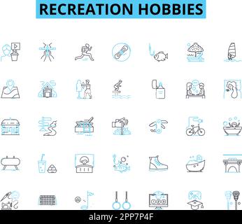 Recreation hobbies linear icons set. Gardening, Cooking, Painting, Pottery, Fishing, Biking, Hiking line vector and concept signs. Camping,Boating Stock Vector