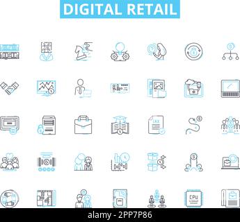 Digital retail linear icons set. E-commerce, Omnichannel, Personalization, Mobile, AI, Virtual, Augmented line vector and concept signs. Social Stock Vector
