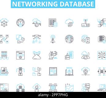 Networking database linear icons set. Connect, Collaboration, Relationships, Communication, Contacts, Sharing, Data line vector and concept signs Stock Vector