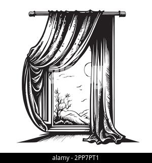 Window with curtains hand drawn sketch in doodle style illustration Interior Stock Vector